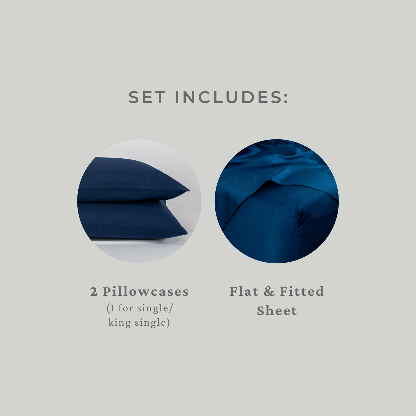 Set includes: flat and fitted sheet, two pillowcases (1 for single or king single)