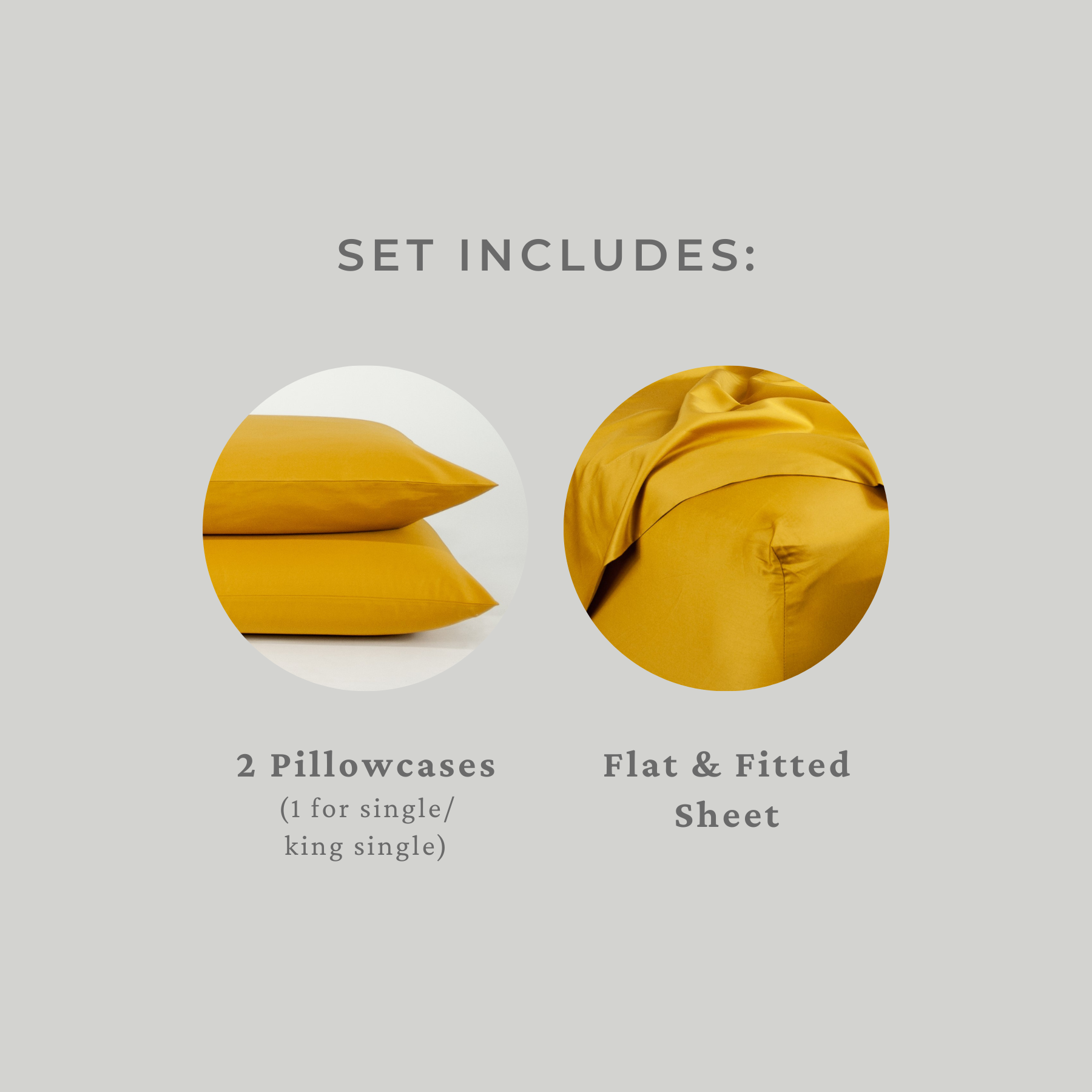 Set includes: flat and fitted sheet, two pillowcases (1 for single or king single)