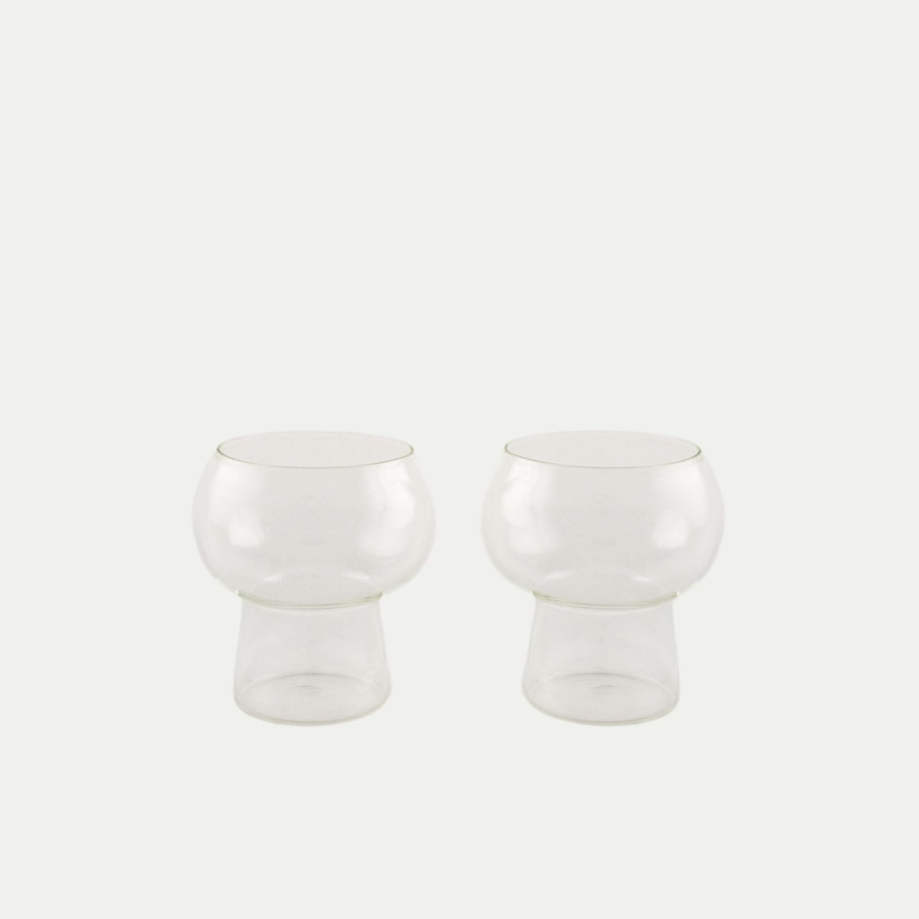 Coco and Henry clear Marnie wine glasses stemless standing side by side, made from borosilicate glass
